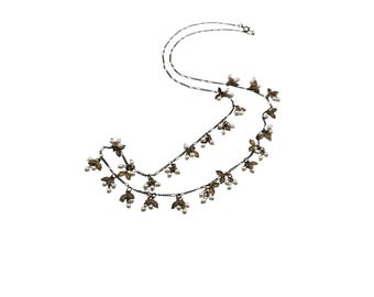 Vintage Long Figaro Chain with Faux Pearl & Brass Leaf Necklace (A8098)