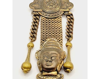 Unusual Vintage Brass Indonesian Chatelaine Style Dangling Brooch (A231)