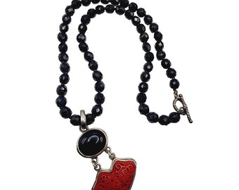 Vintage Sterling Silver Crystal Onyx & Cinnabar Necklace (A5055)