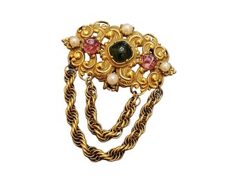 Vintage Rare Signed Castlecliff w/ Striated Glass Cab Brooch (A2826)