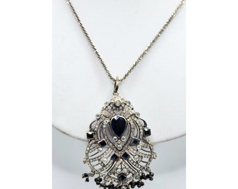 Vintage Sterling Silver Jeweled Pendant Necklace (A5034)