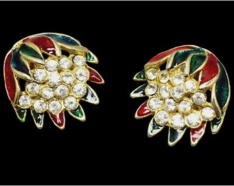 Vintage Enamel Rhinestone Flower Earrings (A1132)