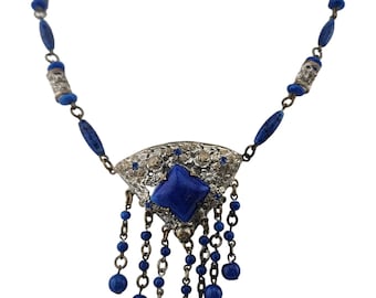 Antique Signed Czechoslovakia Lapis Glass Dangle Necklace (A3331)
