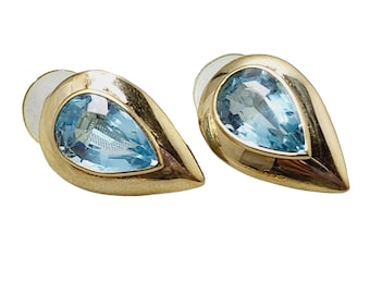 Vintage 14Kt Gold Blue Topaz With Teardrop Shaped Earrings (A1645)