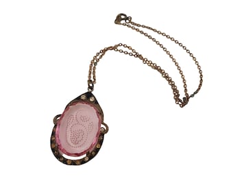 Antique Signed Czech Unusual Etched Glass, Enamel & Rhinestone Pendant Necklace