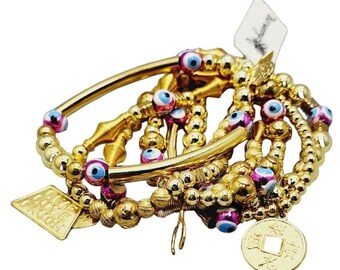 Vintage Signed NOS Bee Charming Pink Evil Eye 6 Strand Charm Bracelet (A943)