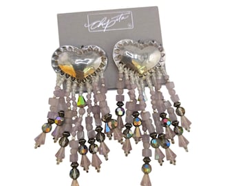 Vintage NOS Chipita Heart Crystal Pierced Earrings On Original Card (A9090)