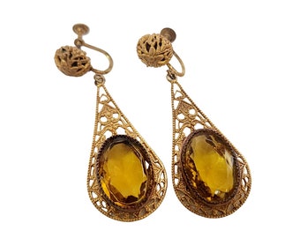 Antique Art Deco Faceted Glass & Filigree Screw Back Earrings (A4298)