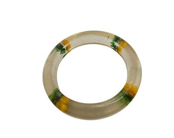 Vintage 60s Green/Orange Yellow Dried Flowers Lucite/Acrylic Bangle Bracelet (A9238O)