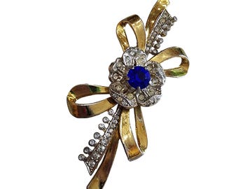 Antique Heavy Gold Plated 30's Rhinestone Bow Flower Brooch (A1802)