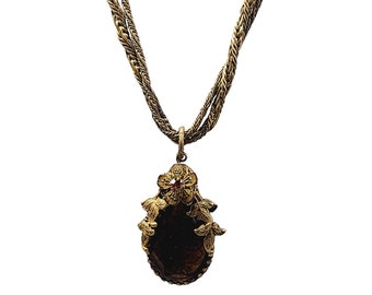 Vintage Art Nouveau Glass & Brass Pendant Necklace (A2885)