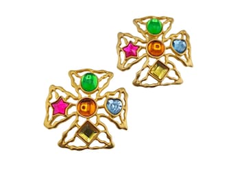 Vintage JJ Signed Colorful Maltese Cross Pierced Earrings (A8875)
