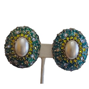 Vintage Unique Signed Craft Rhinestone Domed Clip Earrings (A2953)