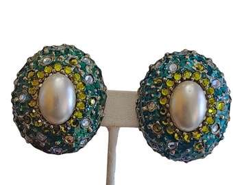 Vintage Unique Signed Craft Rhinestone Domed Clip Earrings (A2953)