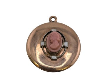Antique Unique Gold Filled Raised Cameo with Enamel Locket Style Pendant (A7767)