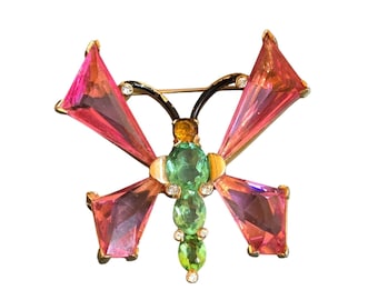 Signed Mazer Butterfly Brooch: Pink & Green Glass Rhinestones, Gold Tone