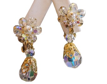 Vintage Ab Crystal Flower Drop Earrings (A1997)