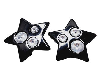 Vintage 80s Rhinestone Black Star Clip Earrings (A1448)