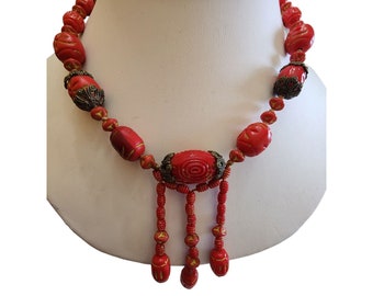 Antique Czech Neiger Style Custard Beaded Fringe Necklace (A2419)