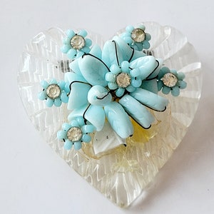VTG Lucite Broche de Corazón con Flor de Vidrio Con Cable