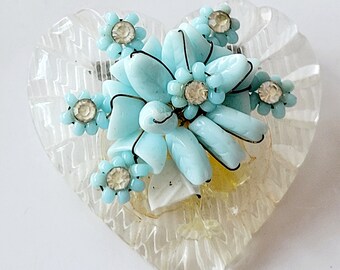 VTG Lucite Heart Brooch With Wired Glass Flower