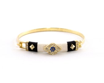 black and white embroidered rhinestone evil eye bracelet