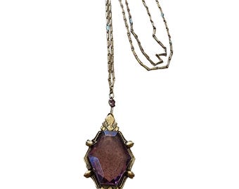 Pretty Antique Art Deco Faceted Glass Pendant Necklace (A1486)