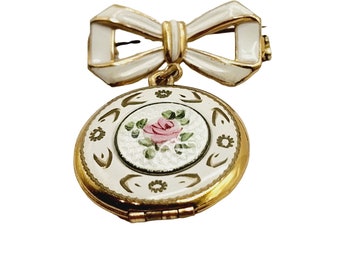 Antique Guilloche Bow Hanging Locket w/ Picture Brooch (A459)