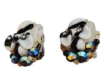 Vintage Haskell Style Black & White Art Glass Crystal Wired Earrings (A1890)