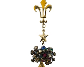 Vintage Unique Unsigned Flour De Lis Dangling Rhinestone Christmas Tree Brooch
