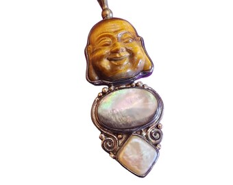 Vintage Sajen 925 Sterling Stunning Tiger Eye Abalone Shell Pendant (A2126)