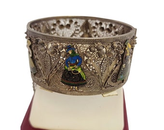 Vintage Portuguese Topazio Silver & Enamel Wide Hinged Bracelet (A3549)