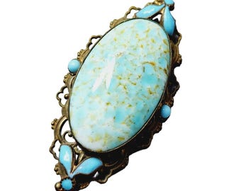 Vintage Czech Hobble Glass & Enamel Brass Brooch (A1637)