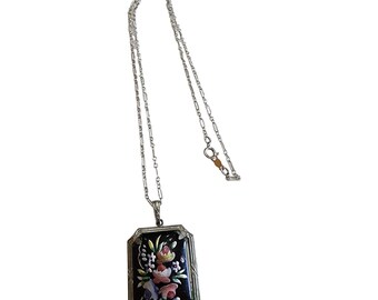 Vintage Hand Painted Art Deco Glass Pendant Necklace (A1600)