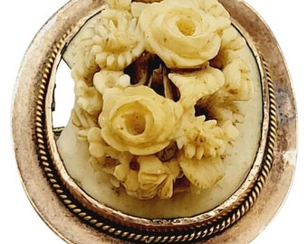 Antique Victorian Carved Lava Floral Cameo Style 14kt Brooch and Pendant (A2640)