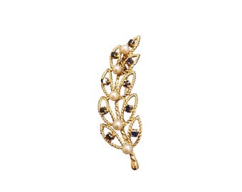 Vintage 14kt Gold Pearl And Sapphire Leaf Shaped Brooch (AN5-5/57)