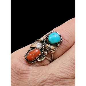 Old Pawn Navajo Sterling Turq and Coral Ring Size 6.75 (A4699)