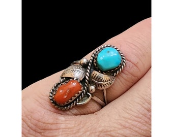 Old Pawn Navajo Sterling Turq and Coral Ring Size 6.75 (A4699)