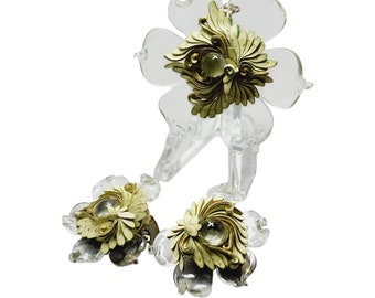 Vintage Rare Glass Flower Brooch & Earrings Set (A1390)
