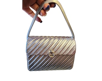 Vintage 80s Silver Snake Chain Handle Leather Evening Bag Signed (A2946)