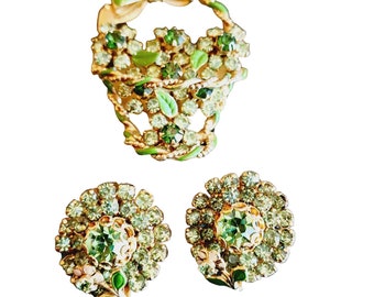 Vintage Rhinestone Enamel Flower Basket Brooch & Earrings Set (A1381)