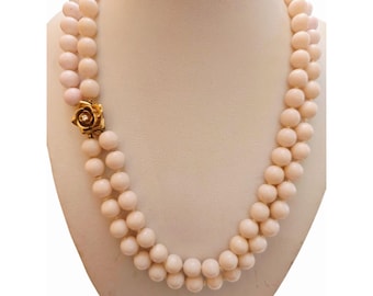 Vintage Angel Skin Coral Double Strand Necklace 14kt Gold Flower Clasp (A5793)