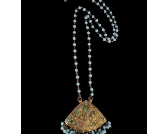 Pretty Enameled Brass and Glass Pendant Necklace Marked India (A5732)