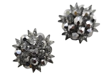 Vintage Silvertone Rhinestone & Crystal Clip Earrings (A8018)
