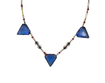 Antique Art Deco Faceted Glass & Enamel Chain Necklace (A9135)
