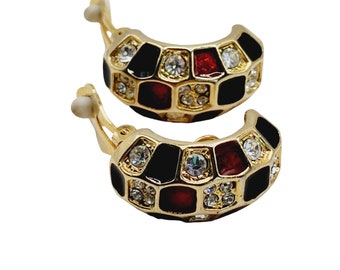 Vintage 80s Enamel & Rhinestone Huggie Style Earrings (A1236)