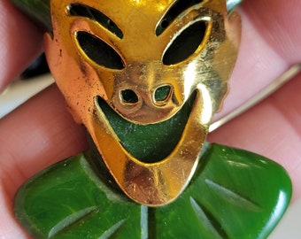 Art Deco Carved Clown Jester Bakelite Dress Clip