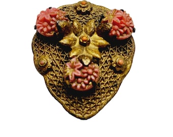 Antique Celluloid Brass Filigree Dress Clip (A835)