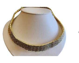 Vintage Designer Quality Textured Gold Plated Pave Rhinestone Hinged Necklace