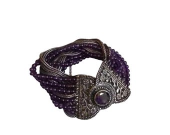 Beautiful Amethyst Bead Sterling Wide Bracelet (A9472)